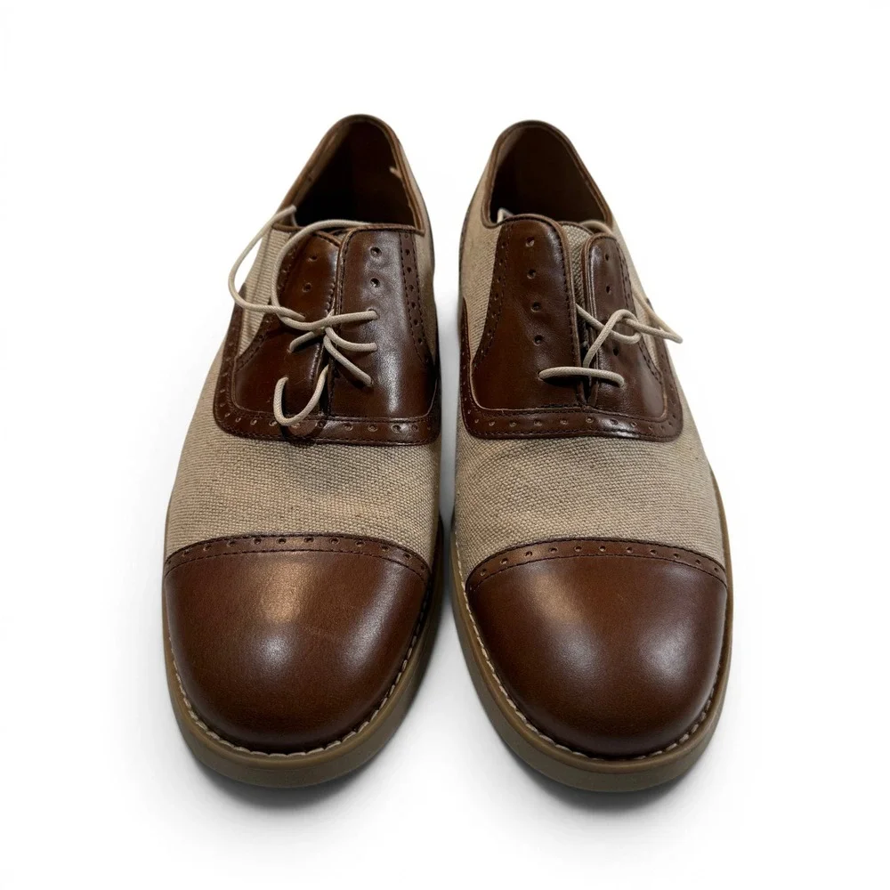 Johnston & Murphy Two Tone Cap Toe Oxford Shoes Men 9.5 M Tan Leather Canvas New